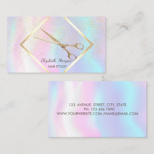 Carte De Visite Cadre Holographique Or Moderne, Confetti, Ciseaux (Devant / Derrière)