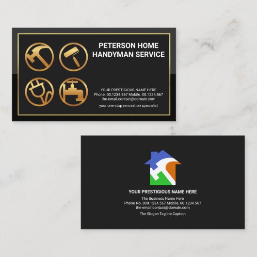 Carte De Visite Cadre Or élégant Handyman Outils Construction (Devant / Derrière)