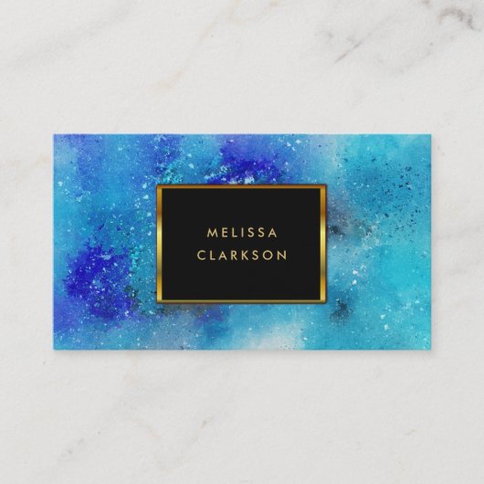 Carte De Visite Cadre or turquoise bleu aquarelle moderne (Devant)