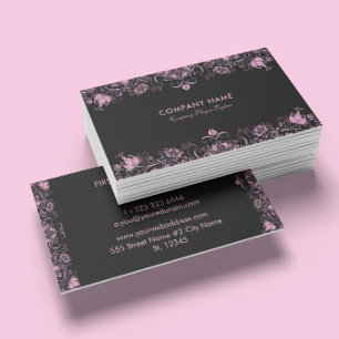 Carte De Visite Cadre Tourbillon Vintage Rose sur Fond Noir