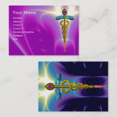 Carte De Visite CADUCÉE, bleu sarcelle vibrant or améthyste (Devant / Derrière)