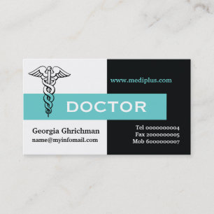 Carte De Visite Caduceus médecin minimaliste noir, blanc, aqua