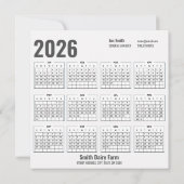 Carte de visite Calendrier 2026 Code QR Vache (Dos)