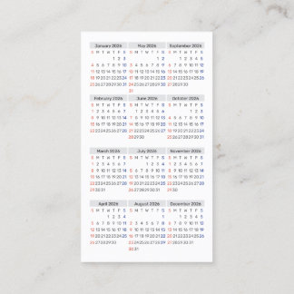 Carte De Visite Calendrier de poche 2026 Format dimanche Début des