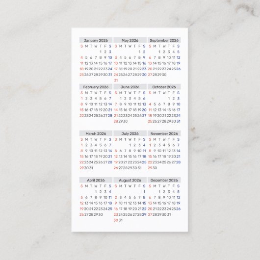 Carte De Visite Calendrier de poche 2026 Format dimanche Début des (Dos)