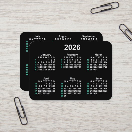 Carte De Visite Calendrier ISO de Neon 52 semaines 2026 par Janz (Devant/Arrière en situation)