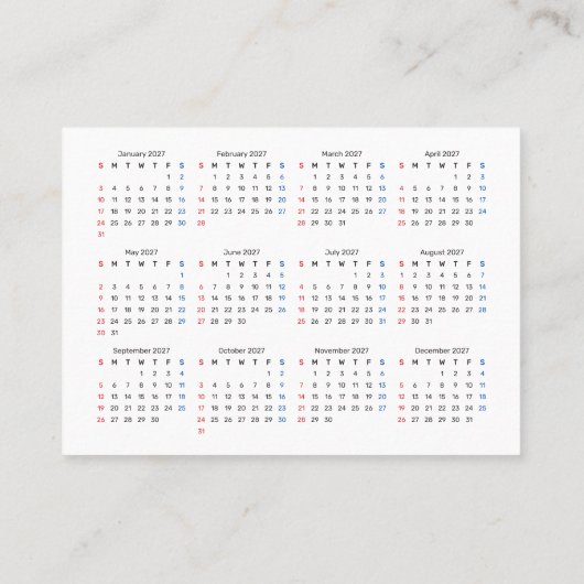 Carte De Visite Calendrier mini 2027 Début DIMANCHE Police Sans Se (Dos)