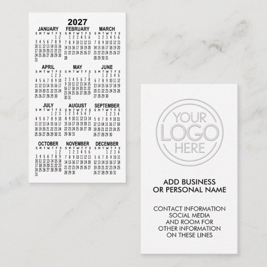 Carte De Visite Calendrier Mini Blanc 2027 avec Logo (Devant / Derrière)