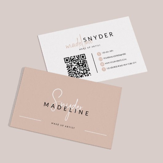 Carte De Visite Calligraphie beige de terre Typographie Code QR
