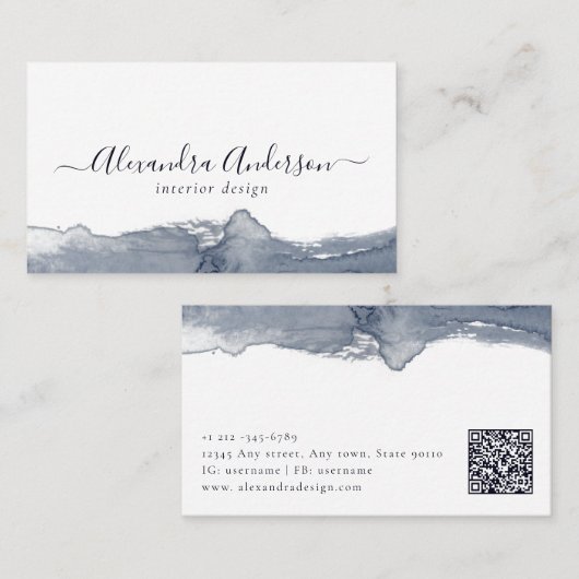 Carte De Visite Calligraphie d'aquarelle gris moderne Code QR mini (Devant / Derrière)