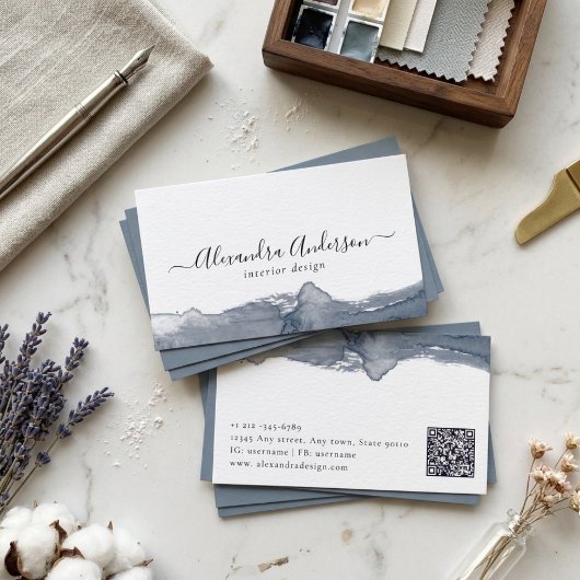 Carte De Visite Calligraphie d'aquarelle gris moderne Code QR mini