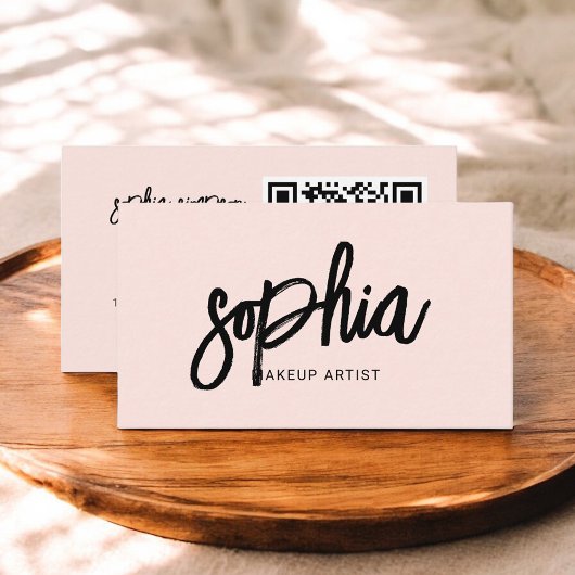 Carte De Visite Calligraphie de brosse de code QR rose pâle