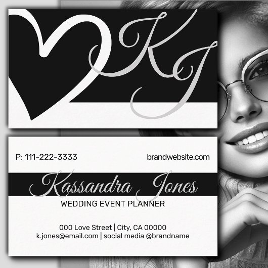 Carte De Visite Calligraphie Forme cardiaque Initiales en noir et