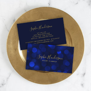 Carte De Visite Calligraphie moderne Sapphire Blue Bokeh Lumières