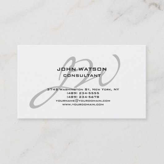 Carte De Visite Calligraphie unique Gris Monogramme Blanc Classiqu (Devant)