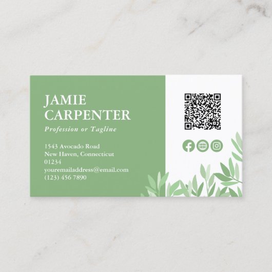 Carte De Visite Calm Green QR Code Photo Médias sociaux Icônes (Devant)