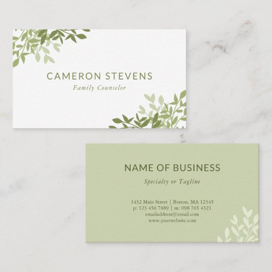 Carte De Visite Calme Olive Vert verdure Feuilles (Devant / Derrière)