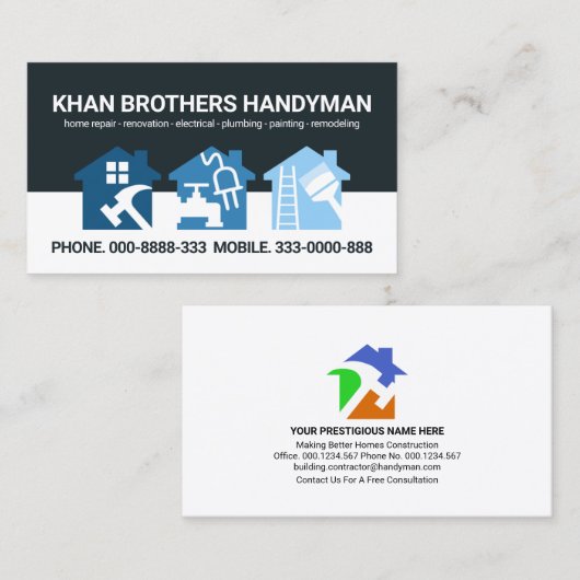 Carte De Visite Calques bleu monochrome Handyman Home Tools (Devant / Derrière)