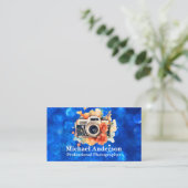 Carte De Visite Caméra et fleurs | Blue Bokeh (Debout devant)