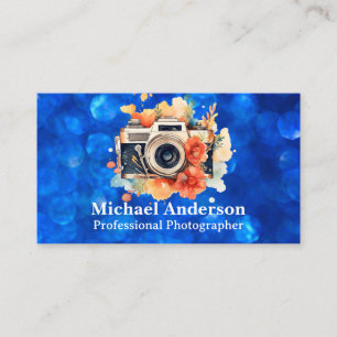 Carte De Visite Caméra et fleurs Blue Bokeh