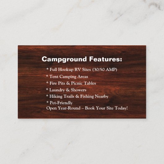 Carte De Visite Camping rustique RV Park Contact Design (Dos)