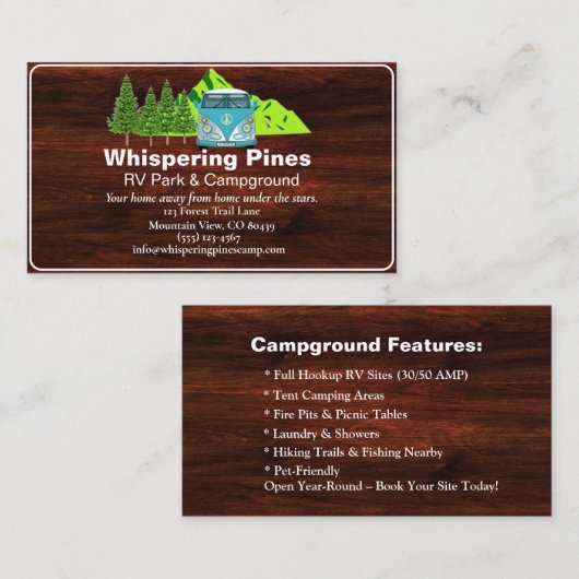 Carte De Visite Camping rustique RV Park Contact Design (Devant / Derrière)