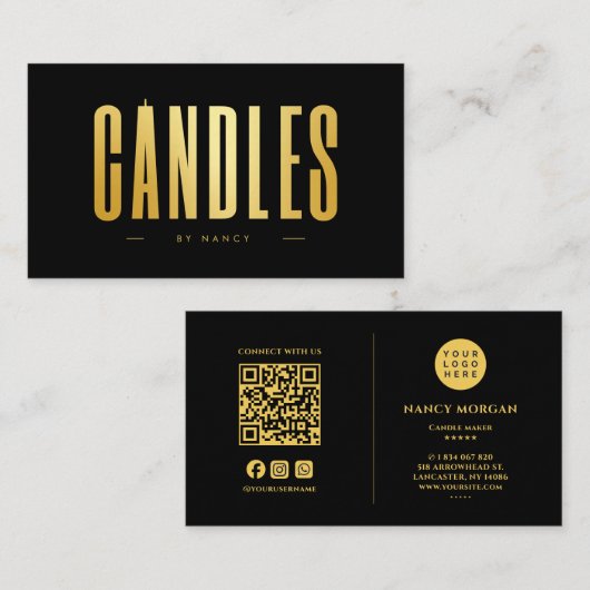 Carte De Visite Candle maker QR Code Logo Black And Gold  (Devant / Derrière)