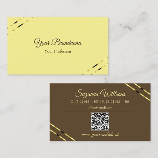Carte De Visite Cappuccino beige lignes dorées avec code QR élégan (Devant / Derrière)