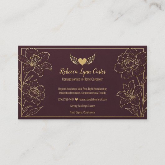 Carte De Visite Caregiver Elegant Floral Professional Services (Devant)