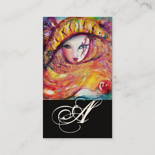 CARTE DE VISITE CARNAVAL EN JAUNE AVEC MONOGRAMME ROSE ROUGE (Dos)