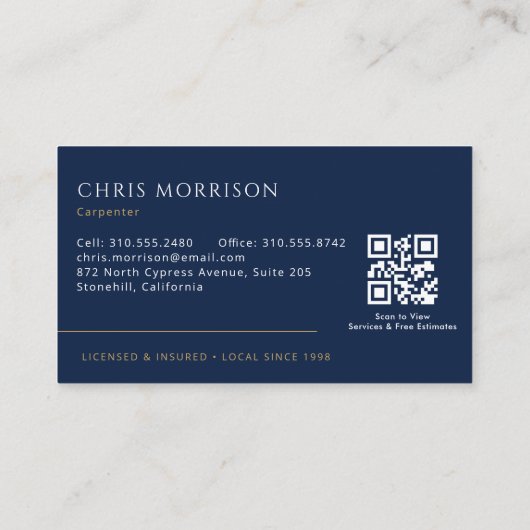 Carte De Visite Carpenter Carpentry Contractor QR Code (Dos)