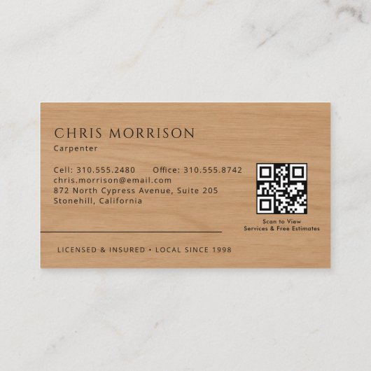 Carte De Visite Carpenter Carpentry Wood Construction QR Code (Dos)