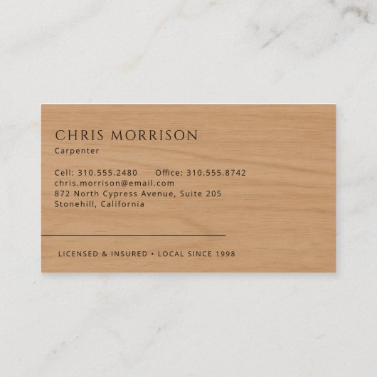 Carte De Visite Carpenter Carpentry Woodworker (Dos)