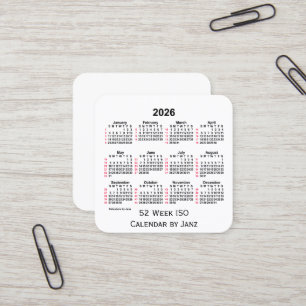 Carte De Visite Carré 2026 Blanc 52 semaines Calendrier ISO par Janz