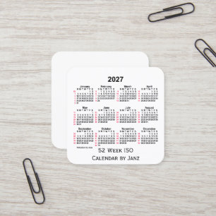 Carte De Visite Carré 2027 Blanc 52 semaines Calendrier ISO par Janz