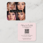 Carte De Visite Carré 4 Photo Makeup Blush Pink Script Black QR Code (Devant / Derrière)