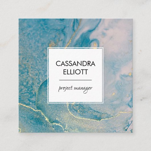 Carte De Visite Carré Abstrait Turquoise Blue & Gold Alcohol Enk Liquid (Devant)