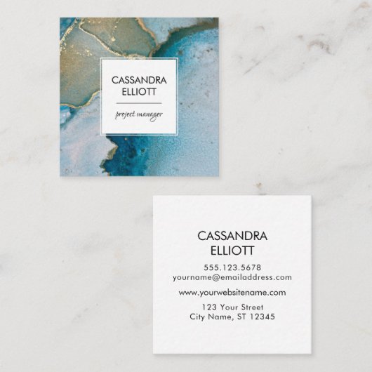 Carte De Visite Carré Abstrait Turquoise & Gold Alcohol Enk Liquid Art (Devant / Derrière)