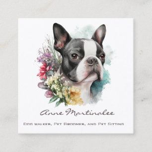 Carte De Visite Carré Adorable Boston Terrier et fleurs aquarelle
