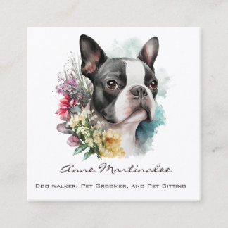 Carte De Visite Carré Adorable Boston Terrier et fleurs aquarelle