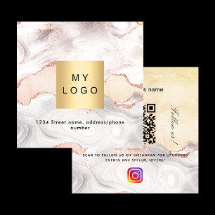 Carte De Visite Carré Agate marbre rose logo QR code Instagram Suivez-no
