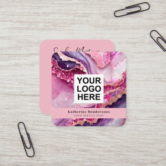 Carte De Visite Carré Agate violette glamour & Logo Code QR (Devant/Arrière en situation)