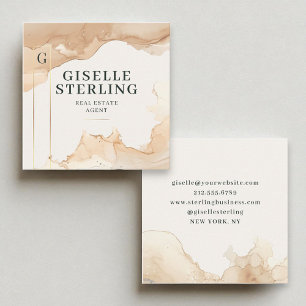 Carte De Visite Carré Agent immobilier Aquarelle Beige Aquarelle Or Fusi