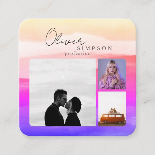 Carte De Visite Carré Ajouter 3 Photos Script Aquarelle Holographie QR (Devant)