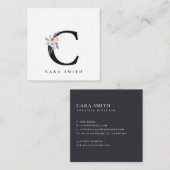 CARTE DE VISITE CARRÉ ALPHABÈTES FLORAUX BLEUS DOUX NOM LETTRE C (Devant / Derrière)