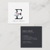 CARTE DE VISITE CARRÉ ALPHABÈTES FLORAUX BLEUS DOUX NOM LETTRE E (Devant / Derrière)