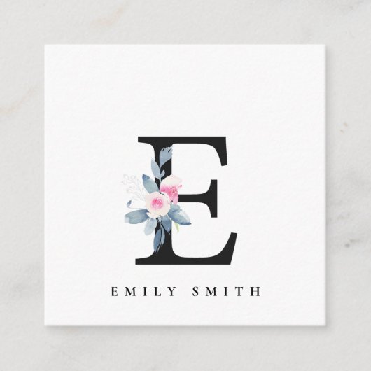 CARTE DE VISITE CARRÉ ALPHABÈTES FLORAUX BLEUS DOUX NOM LETTRE E (Devant)