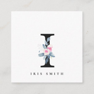 CARTE DE VISITE CARRÉ ALPHABÈTES FLORAUX BLEUS DOUX NOM LETTRE I