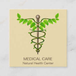Carte De Visite Carré Alternative Médicale Caduceus Vert Feuilles Beige