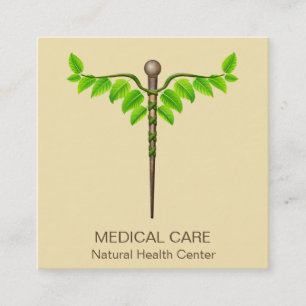 Carte De Visite Carré Alternative Médicale Caduceus Vert Feuilles Beige